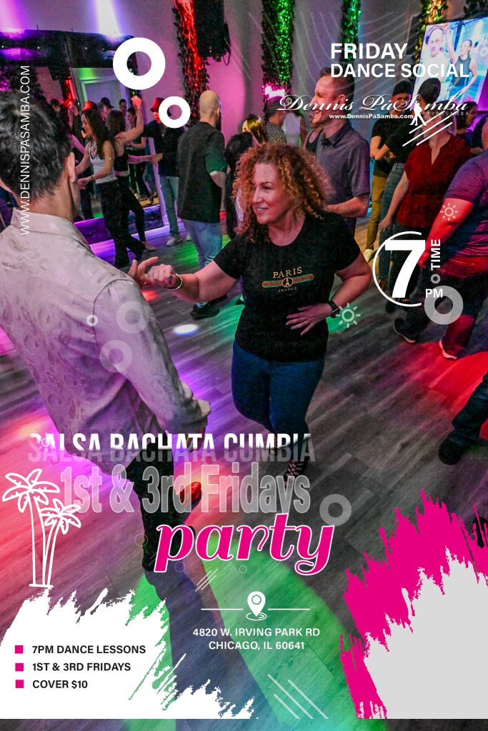 Kick off your weekend with a vibrant Chicago Friday night dance social at Dennis PaSamba Dance Company (4820 W. Irving Park Rd, Chicago, IL 60641)! Join us every Friday for #ChicagoFridayNightDanceSocial, featuring Salsa dance events Chicago, Bachata dance events Chicago, Cumbia, and Cha-Cha-Cha. For just $10, enjoy a free 7 PM dance lesson and social dancing until 10:30 PM. With 33+ years of experience and 500+ five-star reviews, we’re Chicago’s top #DanceStudioChicago.